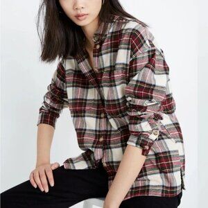 Madewell Flannel Oversized Ex-Boyfriend Shirt in White Maroon Tartan Plaid Small